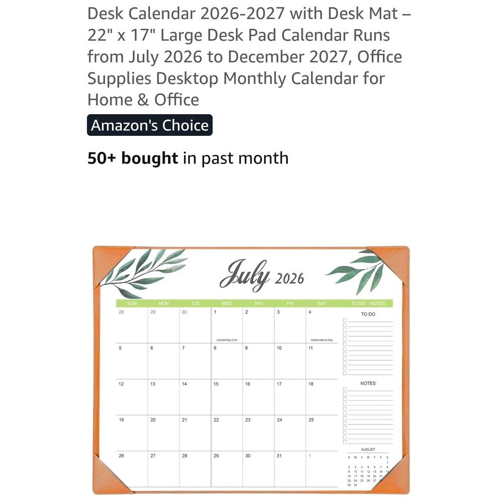 2026-2027 Large Desk Calendar Pad 22x17 Botanical Monthly Planner July-Dec